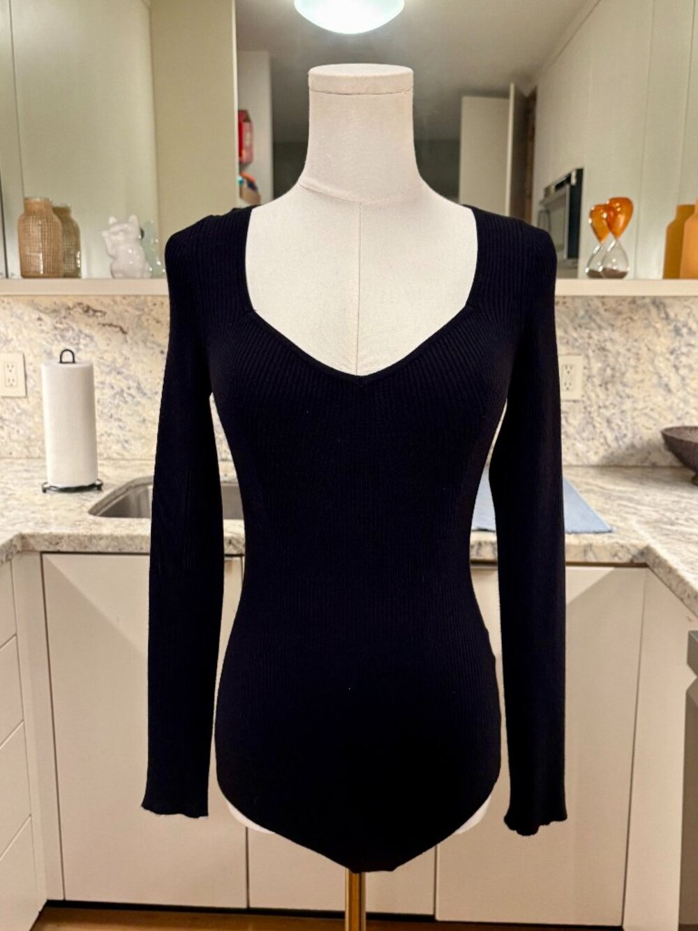 House of Harlow 1960 Black Ribbed V-Neck Long Sleeve Bodysuit - Size S